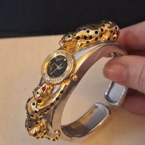 Vintage Collezio Double Leopard Hinge Bracelet Watch Rhinestones Gold/Silver